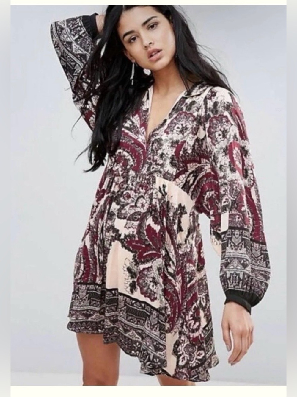 Free People Burgundy and Cream Printed Tunic Dress
